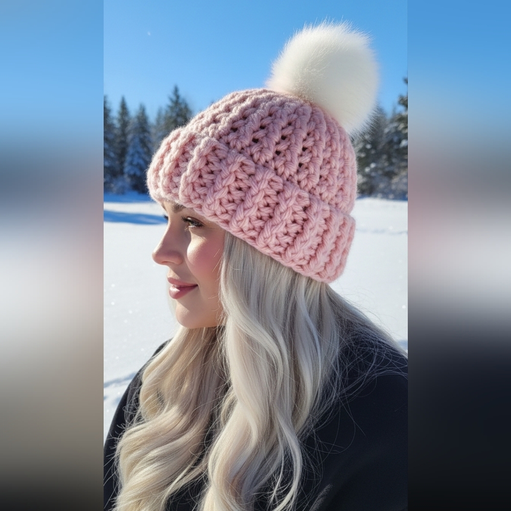 Pastel pink chunky knit pom bini thick